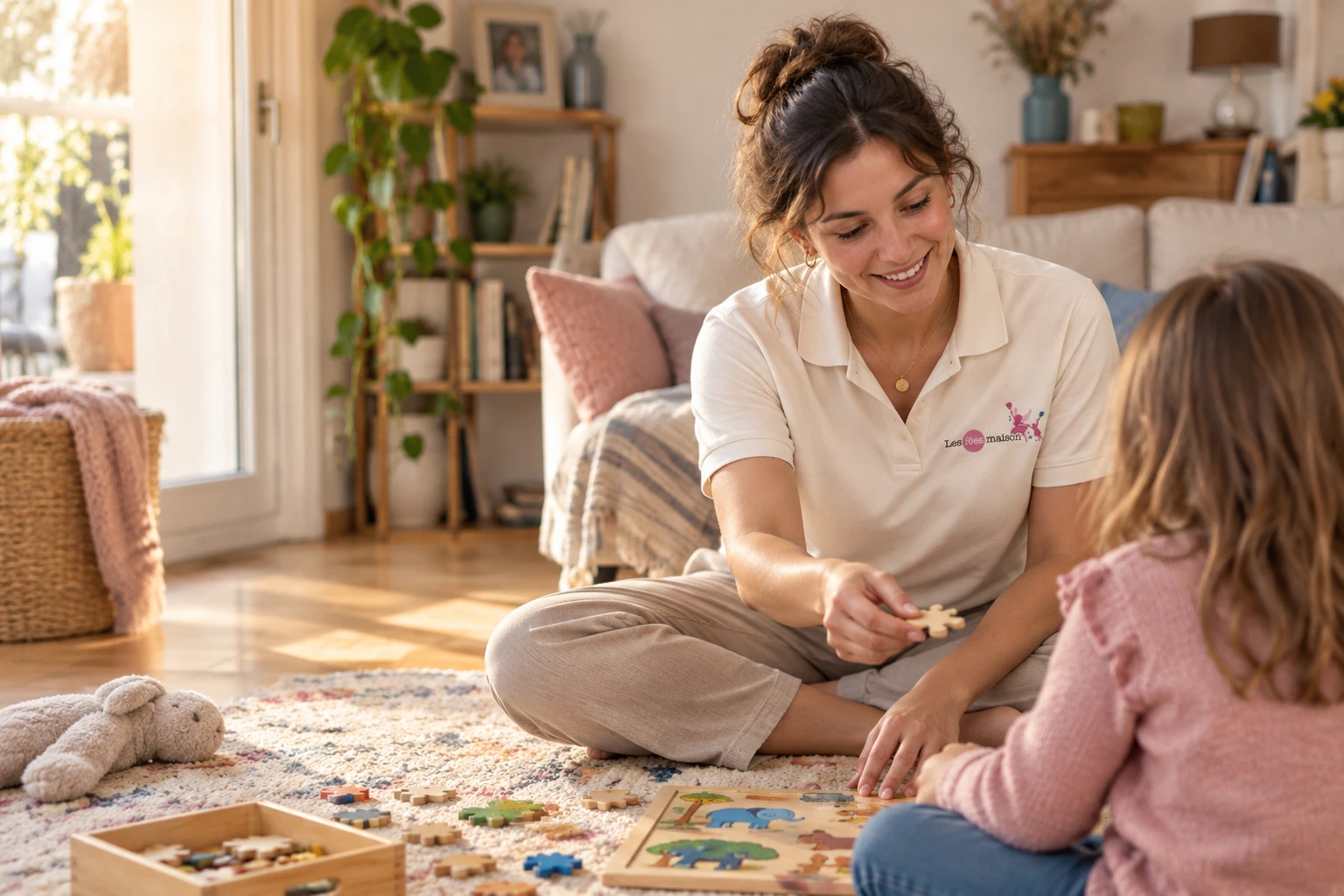 Une professionnelle de Les Fées Maison joue avec un enfant à domicile