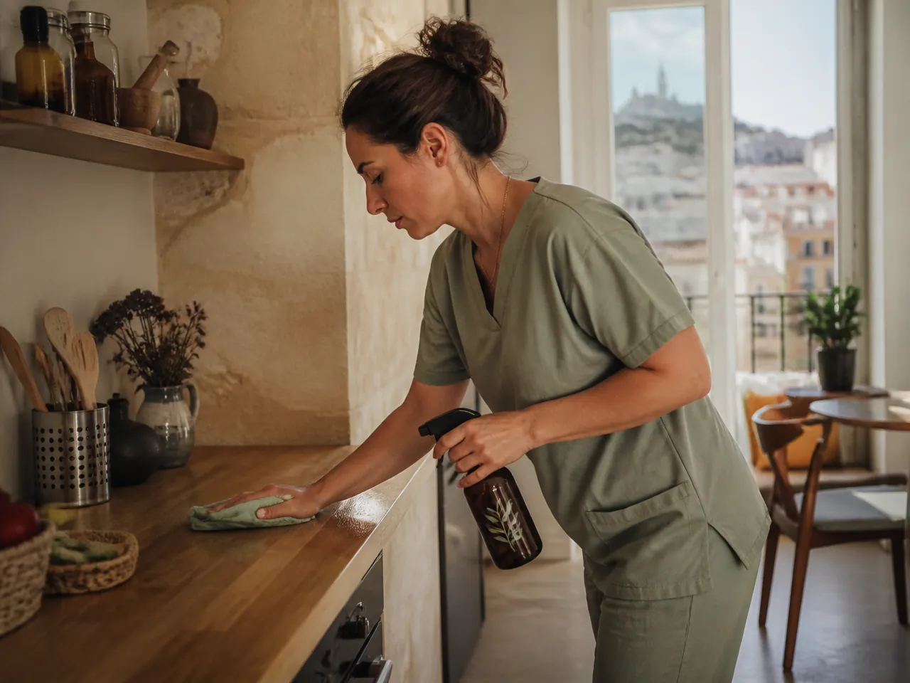 Une professionnelle du ménage entretient un plan de travail dans un intérieur habité